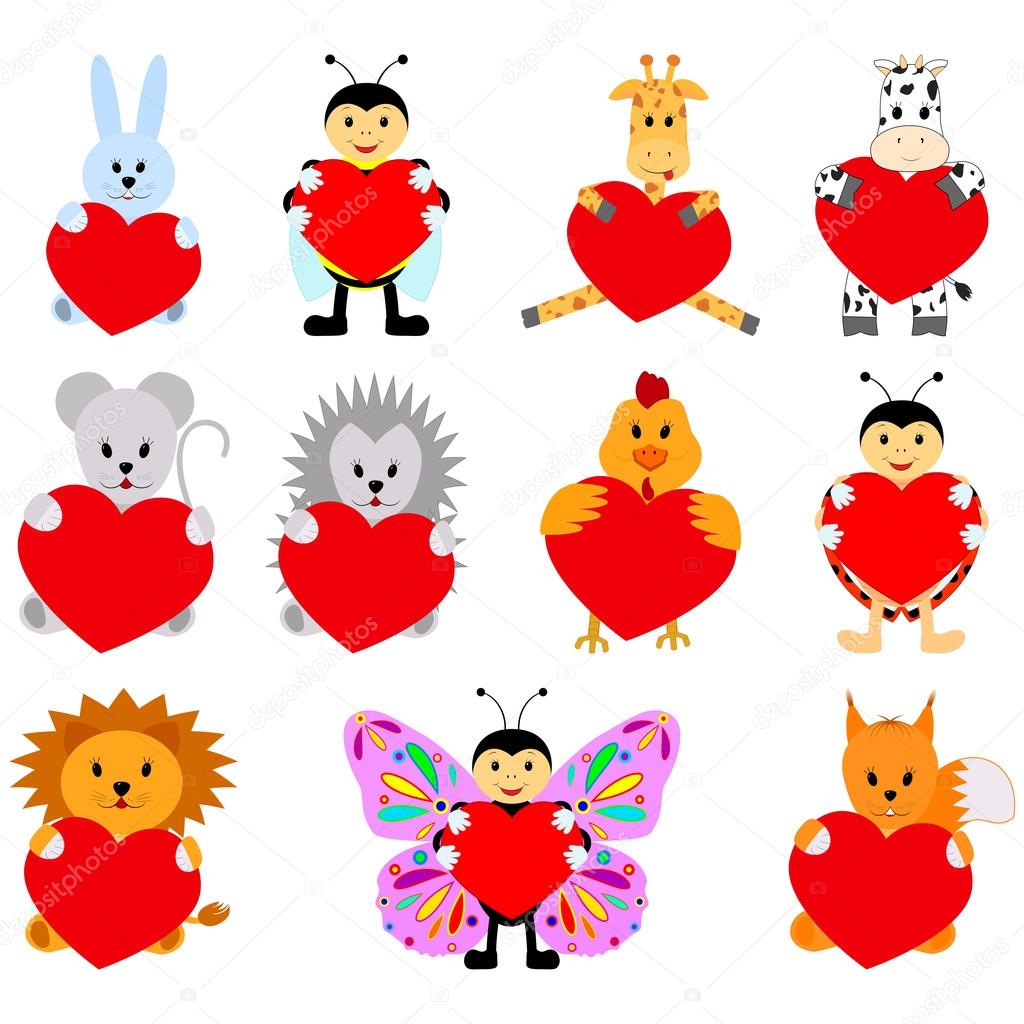 Set of funny animals with hearts for your disign. Can be used in the design of greeting cards for Valentines Day