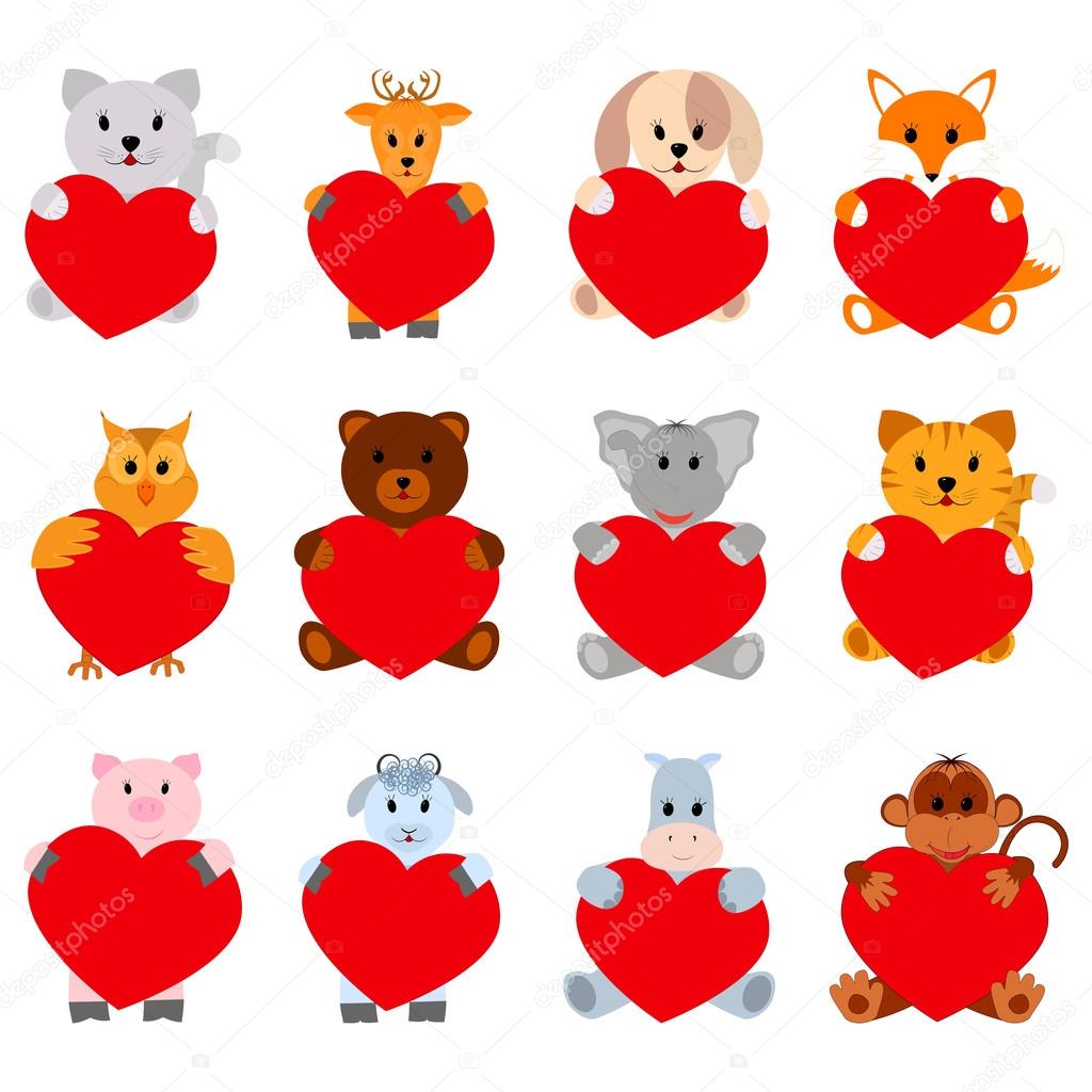 Insieme degli animali divertenti con i cuori per il vostro disegno — Vettoriali di A Y N