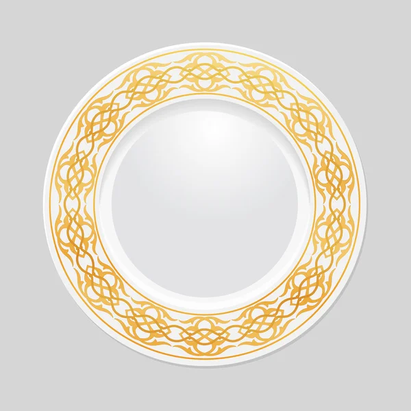 Decorative plate with patterned border, on gray background, top view. Vector EPS 10 — Stock Vector