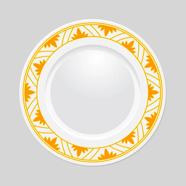 Decorative plate with patterned border, on gray background, top view. Vector EPS 10 — Stock Vector
