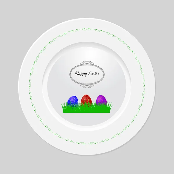 Декоративна великодня тарілка на сірому фоні, вид зверху — стоковий вектор