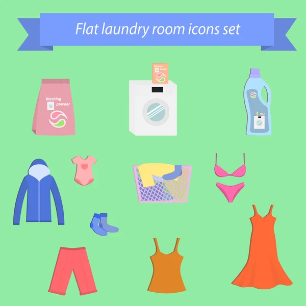 Pictogrammen instellen op het thema van het wassen van kleren, Wasserij — Stockvector