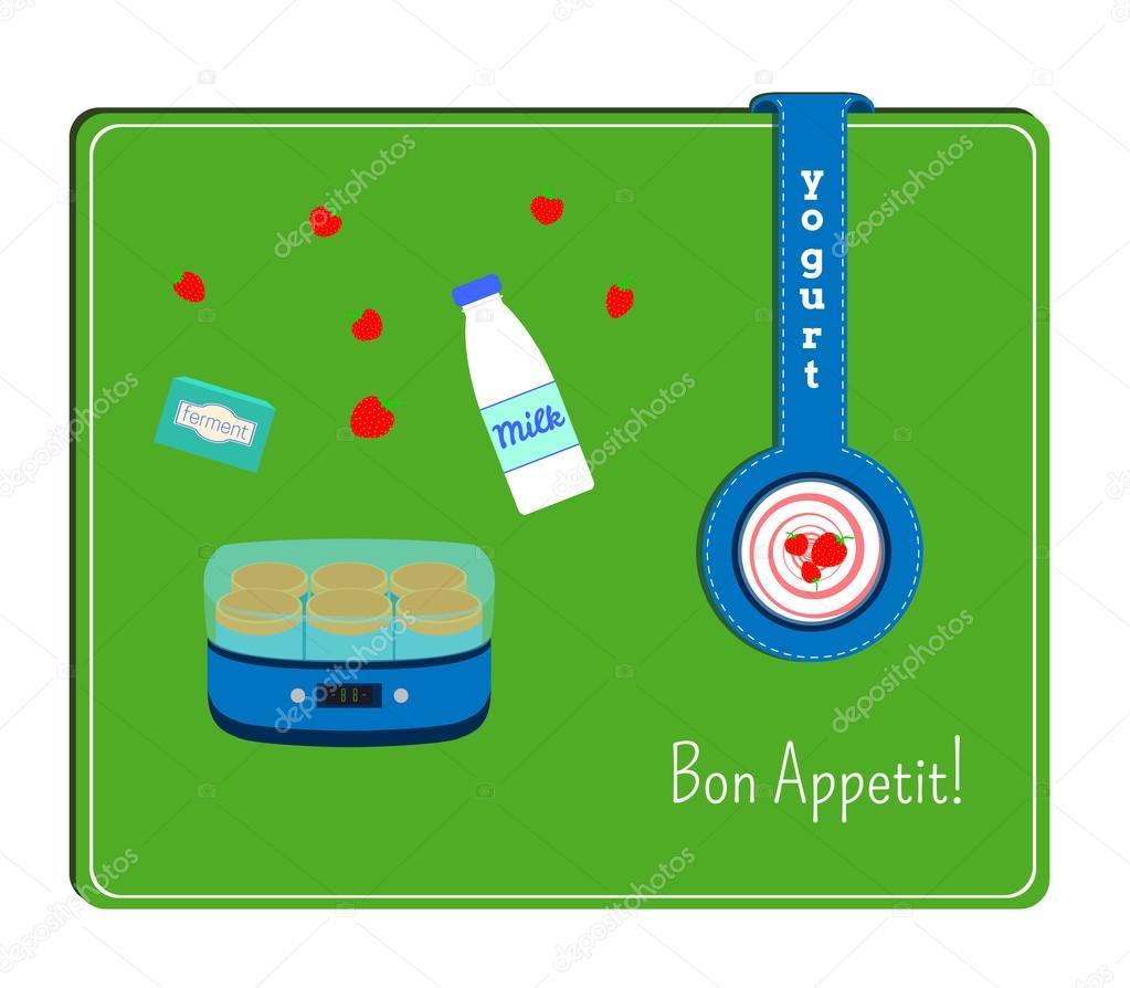 The card with the image of the yogurt maker and the ingredients for yogurt. Label with a plate yogurt