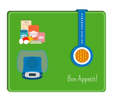 Bir pasta yapmak için görüntü mutfak ölçekler ve malzemeyi kartıyla. Pasta etiketle