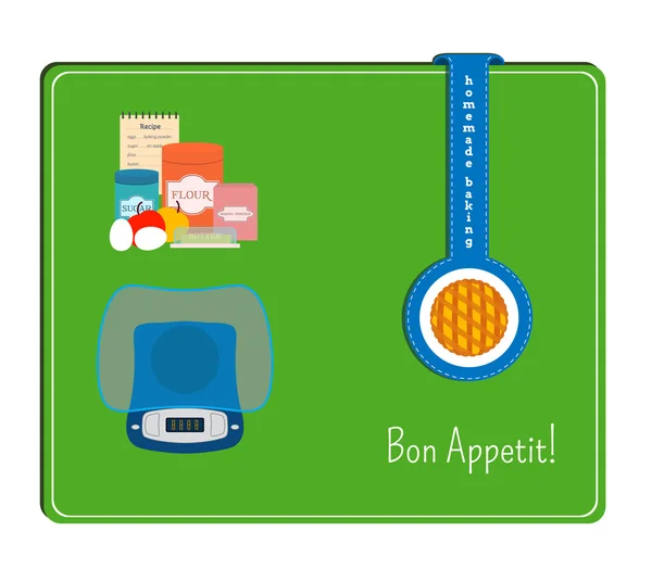 De kaart met het beeld van de keuken schalen en de ingrediënten voor het maken van een taart. Label met Cake — Stockvector