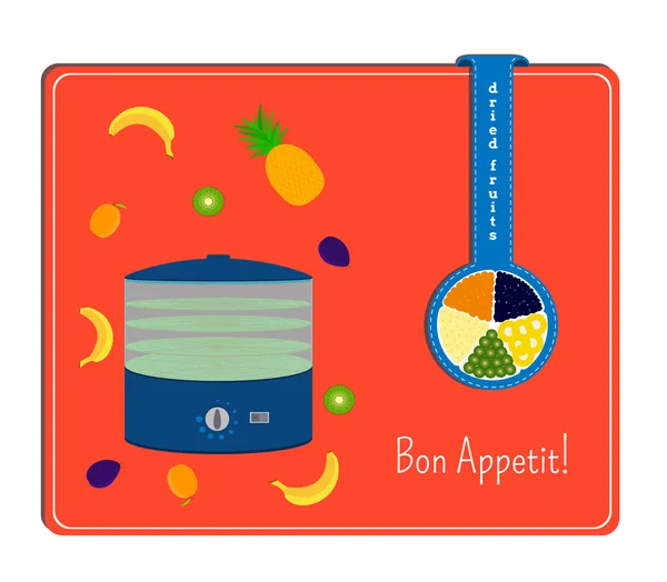 Την κάρτα με την εικόνα του του στεγνωτήρες για τα φρούτα και οι καρποί ετικέτα με ένα πιάτο με αποξηραμένα φρούτα — Διανυσματικό Αρχείο
