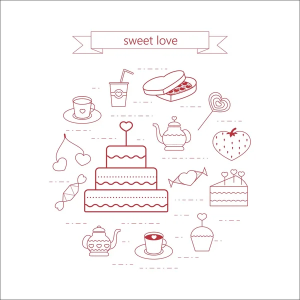 РаспечататьСвитера и торт расположены по кругу. Иконы в линейном стиле на День Святого Валентина — стоковый вектор