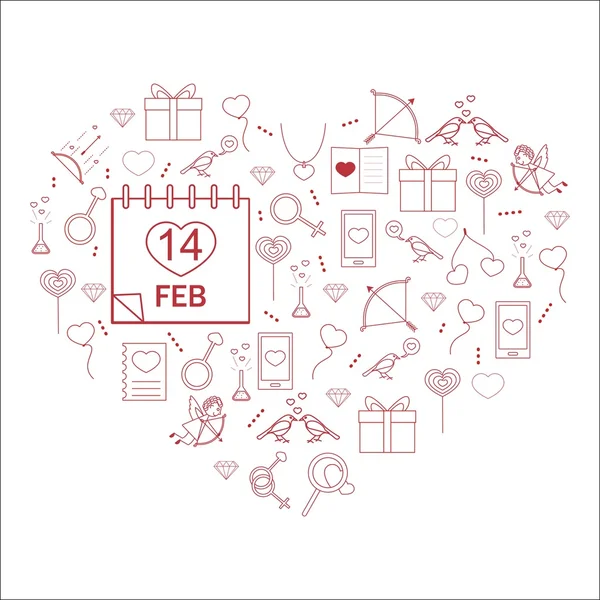 Zeichen der Liebe in Herzform angeordnet. Symbole im linearen Stil am Valentinstag — Stockvektor