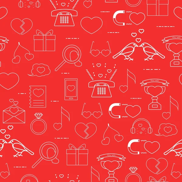 Patrón sin costuras iconos de estilo lineal blanco sobre un fondo rojo. Señales de amor en el día de San Valentín — Archivo Imágenes Vectoriales