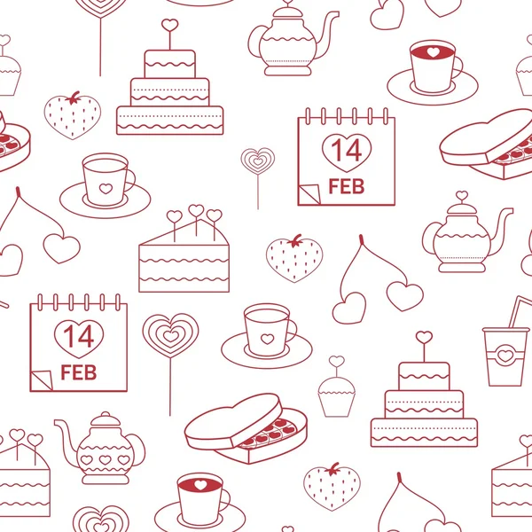 Patrón sin costuras iconos de estilo lineal rojo sobre un fondo blanco. pasteles decorados con corazones para el Día de San Valentín — Vector de stock