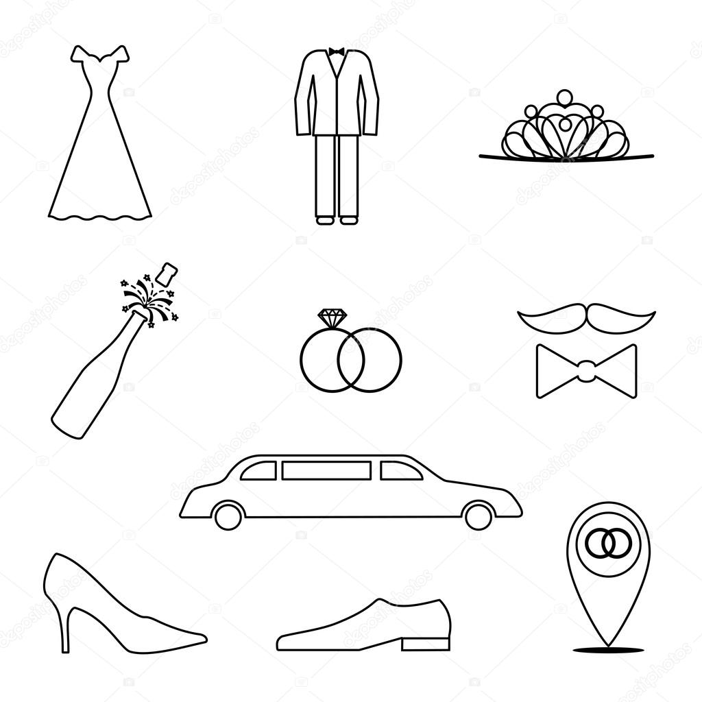 Set of 9 icons in a linear style on the theme of the wedding. Vector elements for your design.