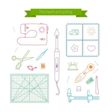 Patchwork satır Icons set. Kapitone malzemeleri ve aksesuarları simgeler. Vektör anahat simgesi toplama