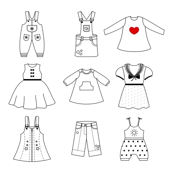Hoş giysiler bir dizi küçük kız için. Çocuk için doğrusal bir stilde giyim koleksiyonu. Vektör simgeler — Stok Vektör