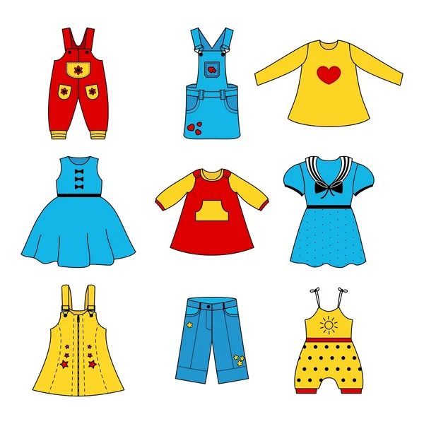 Conjunto de vestidos lindos para la niña. Colección de ropa en estilo lineal para el niño. Iconos del esquema vectorial — Vector de stock