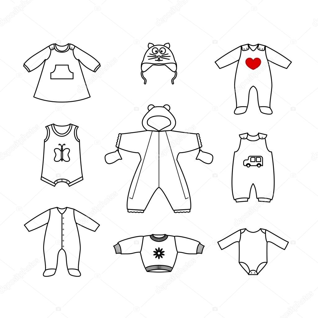 Set of cute clothess for the little baby. Collection of clothing in a linear style for the newborn.