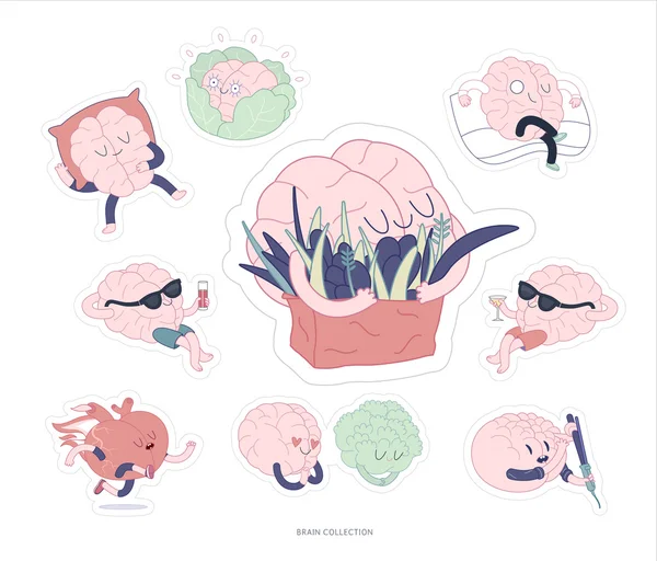 Brain stickers feed and leisure set — Stock Vector