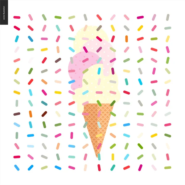 Pink and vanilla Ice cream in a cone with pattern — Stock Vector