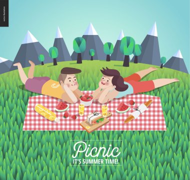 Young couple on picnic, template with grass