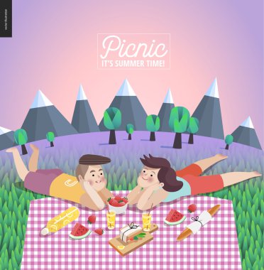 Young couple on picnic, template with lilac sky