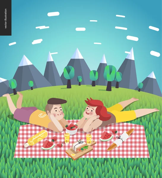 Junges Paar beim Picknick, blauer Himmel — Stockvektor