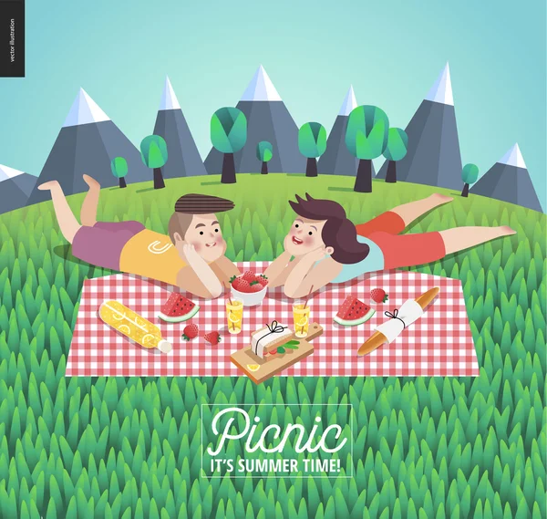 Young couple on picnic, template with grass — Stock vektor