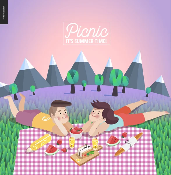 Young couple on picnic, template with lilac sky — Διανυσματικό Αρχείο