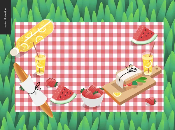 Picknick Plaid en snack op groen gras — Stockvector