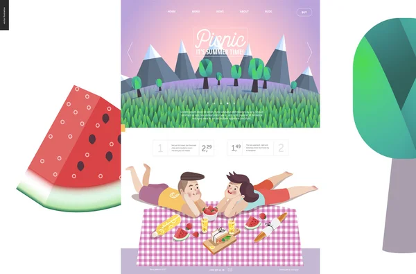 Picnic, plantilla web con cielo lila — Vector de stock