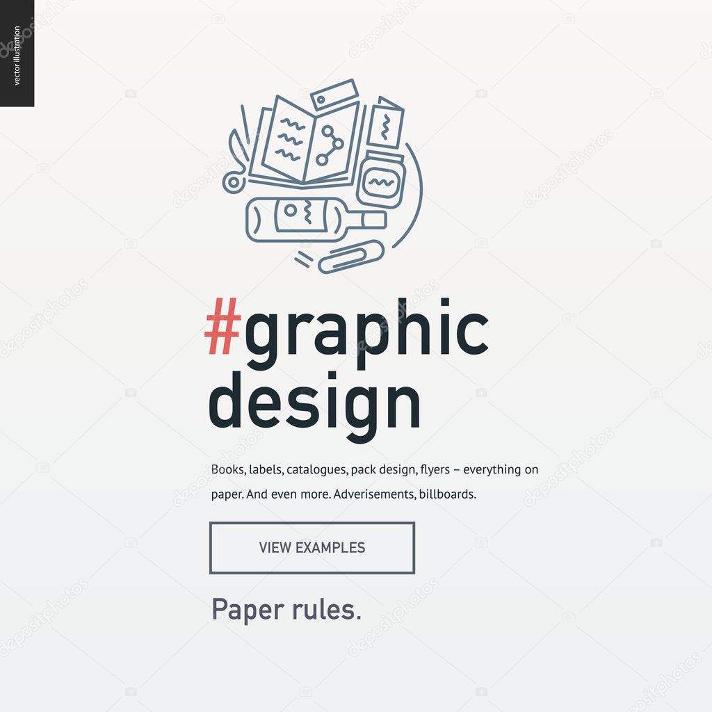 Graphic design block website template - contemporary flat vector icon of print design development and a corresponding text, and button layout on light background, for design studio website