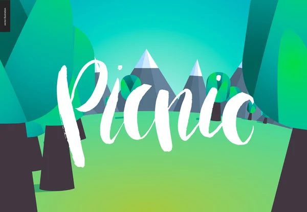 Piknik betűkkel a erdő és hegyek táj — Stock Vector