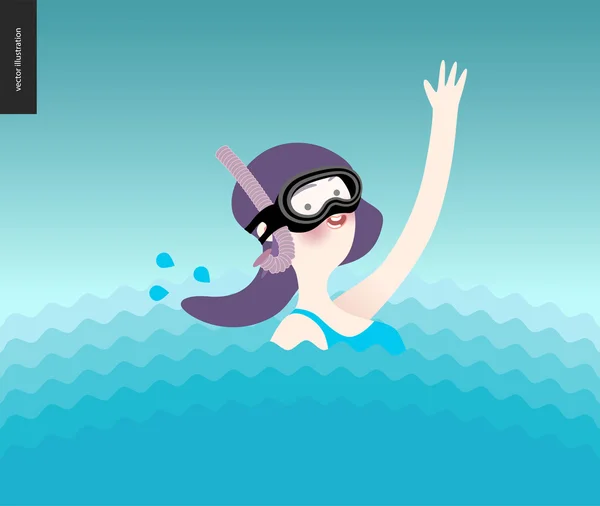 Muchacha ondeando en máscara de buceo en el agua — Vector de stock