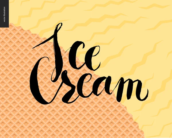 Ijs belettering op een gele icecream en wafel — Stockvector