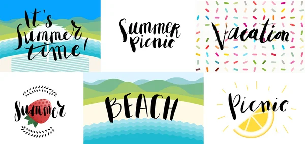 Bokstäver på stranden, picknick, semester och sommar — Stock vektor