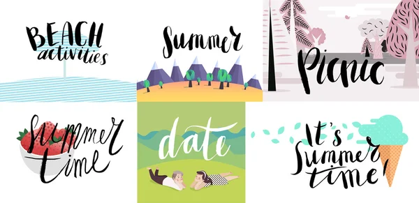 Lettering en la playa, picnic, vacaciones y verano — Archivo Imágenes Vectoriales