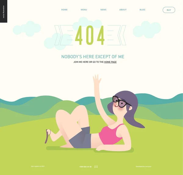 Fout webpaginasjabloon - meisje zwaaien op groene landschap-achtergrond — Stockvector