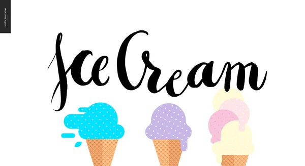 Ice Cream lettering and three cones — Stock Vector