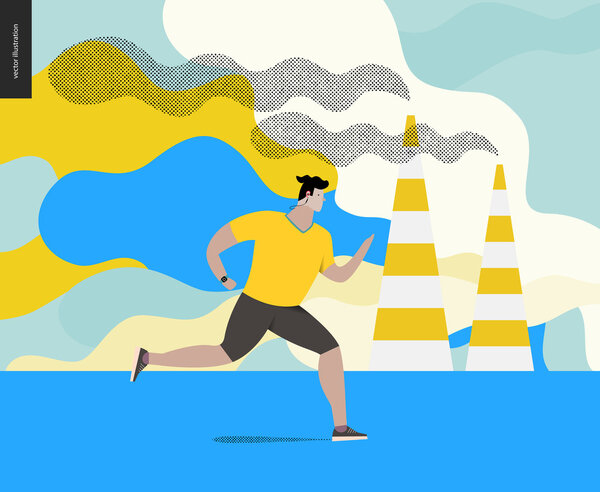 Молодой человек бежит в смог
