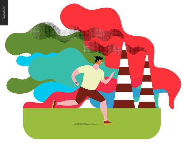 Молодой человек бежит в смог
