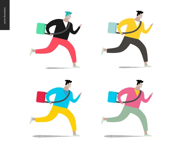 Young man running with a bag in four colors — Stock Vector