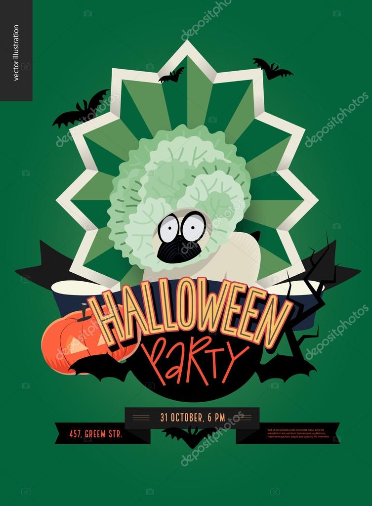 Halloween Party composed sign emblem invitation. Flat vectror cartoon illustrated design of a french bulldog in center of striped shield, bats, pumpkin jack-o-lantern, ribbon, lettering