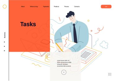 İş konuları - görevler, web şablonu, başlık. Düz stil modern taslak vektör çizimi. Ofis masasında oturan kravat takan genç bir adam görev listesini dolduruyor. İş benzetmesi