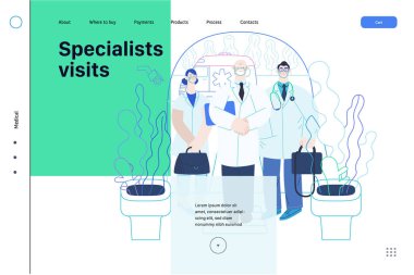 Sağlık sigortası uzmanları modern düz vektör konsepti dijital illüstrasyonunu ziyaret ettiler - özel konutun girişinde duran tıbbi uzmanlar - sigorta planının bir parçası olan Ev Sağlık Hizmetleri