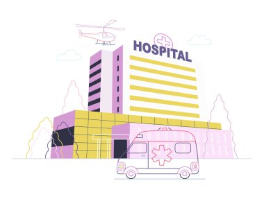 Sağlık sigortası - hastane tesisleri ve hizmetleri - modern düz vektör konsepti dijital illüstrasyon - üzerinde ambulans arabası ve helikopter bulunan bir hastane binası, tıbbi büro veya laboratuvar
