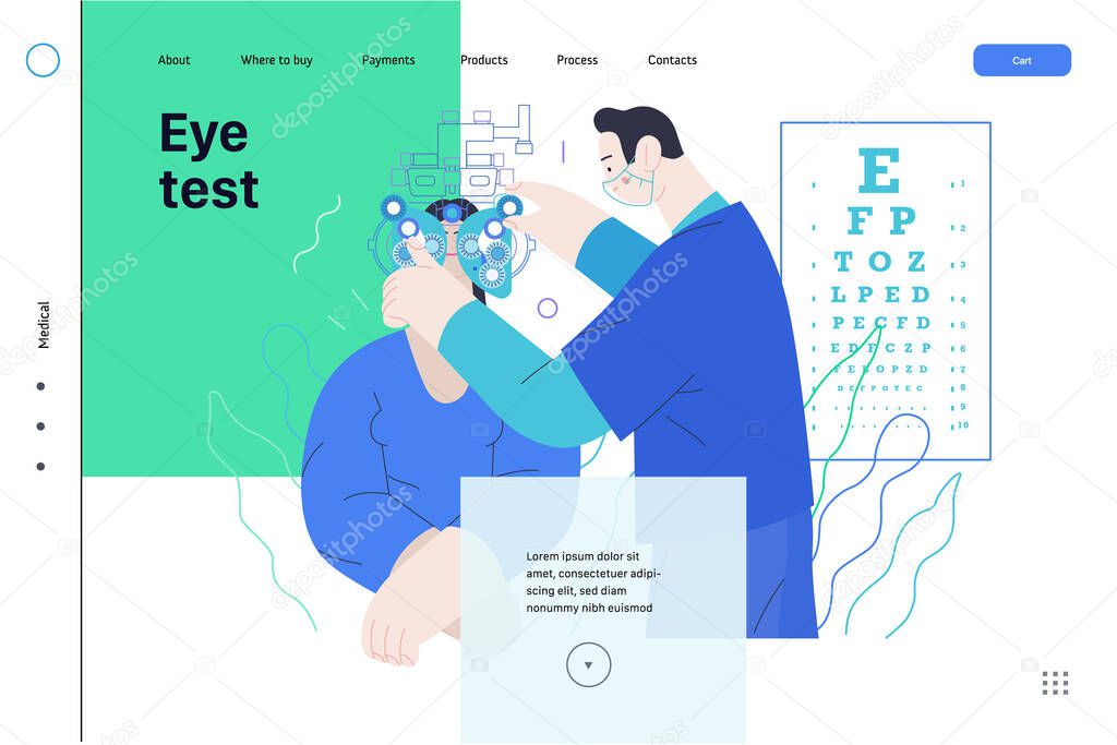 Medical tests template - c -modern flat vector concept digital illustration of eye test procedure -a female patient and a doctors with phoropter, ophthalmologic office