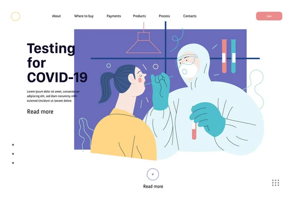 Modèle de page Web de tests médicaux - tests pour COVID-19 — Image vectorielle