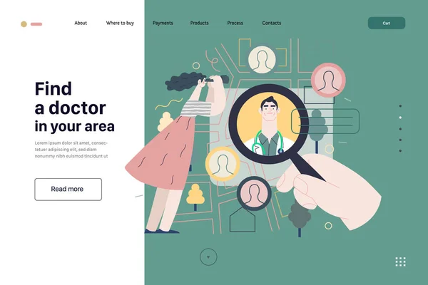 医師を見つける-医療保険イラスト。平面ベクトル — ストックベクタ