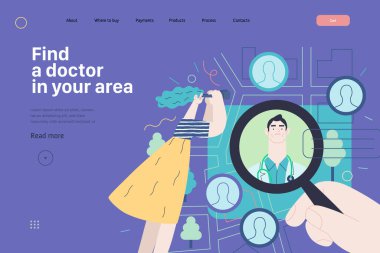 Bir doktor bul - sağlık sigortası illüstrasyonu. Modern düz vektör