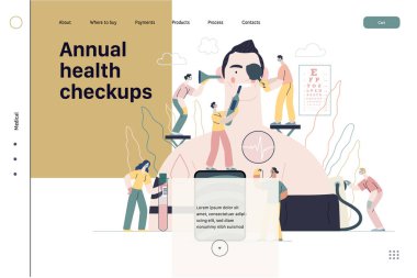 Yıllık sağlık kontrolleri - sağlık sigortası çizimleri. Modern düz vektör