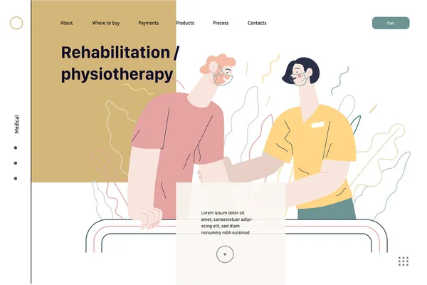 Illustration der Krankenversicherung - Rehabilitation und Physiotherapie. Moderner Flachvektor — Stockvektor