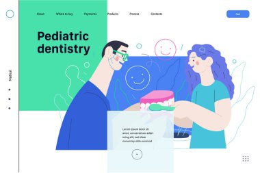 Pediatrik dişçilik - sağlık sigortası web şablonu. Modern düz vektör